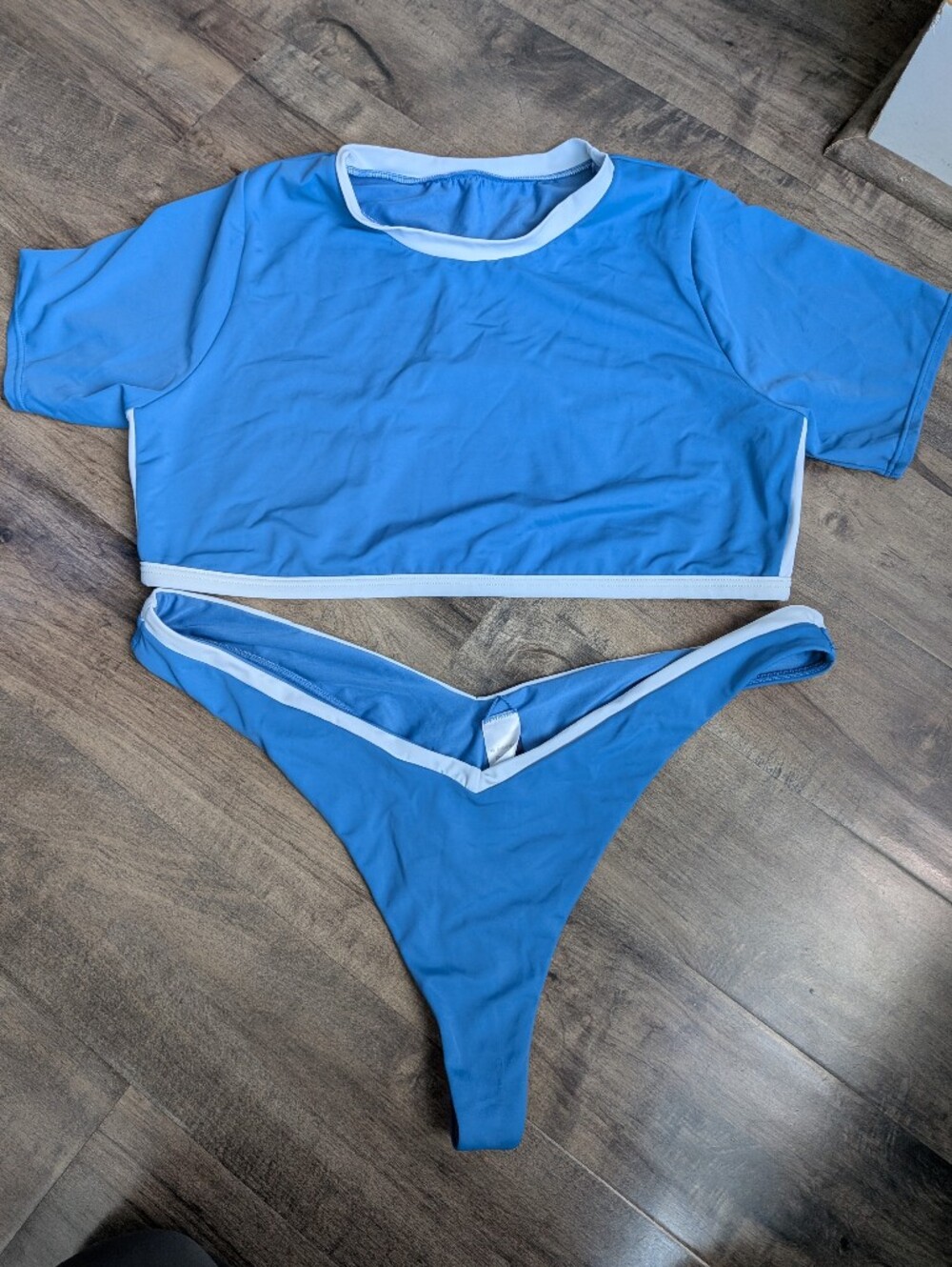 NWOT Swimsuits For All Camille Kostek Blue Short Sleeve Bikini Set Thong 1XL